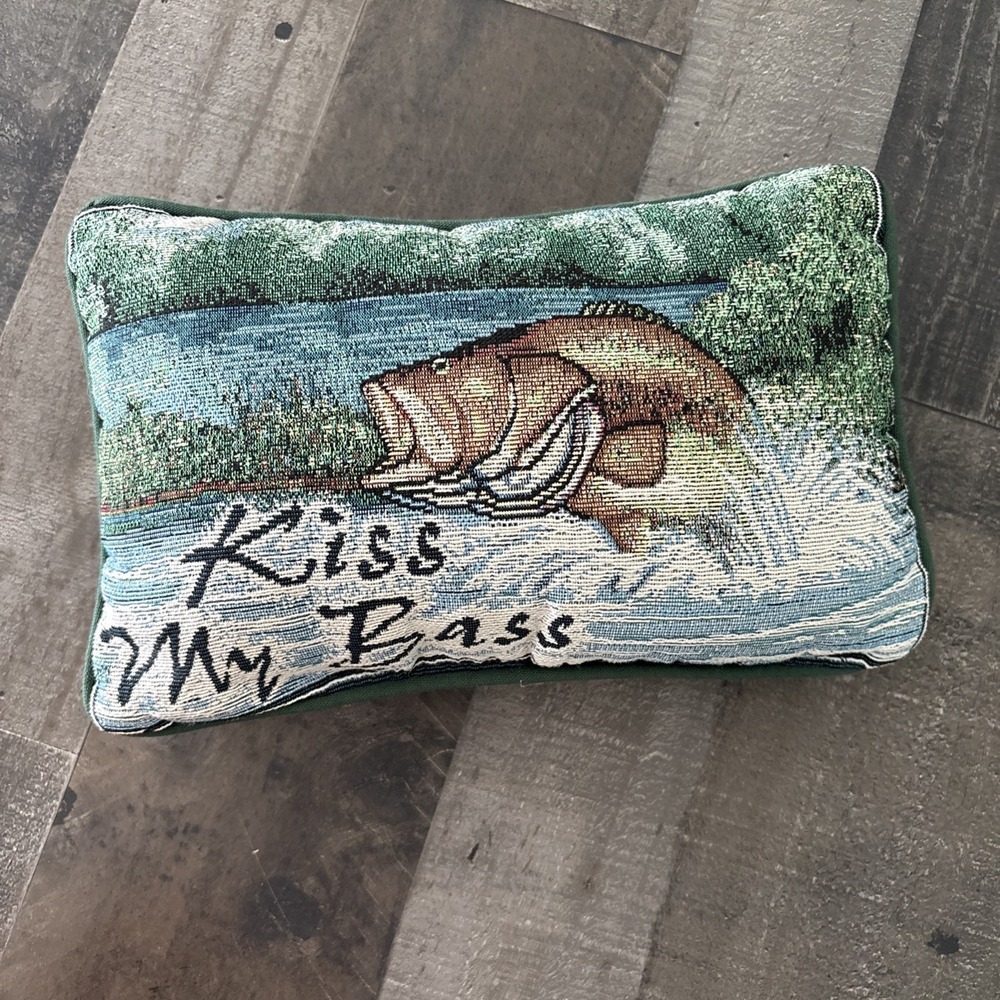 Kiss My Bass Novelty Pillow 12"x7" Tapestry Decorative Bass Fishing fisherman